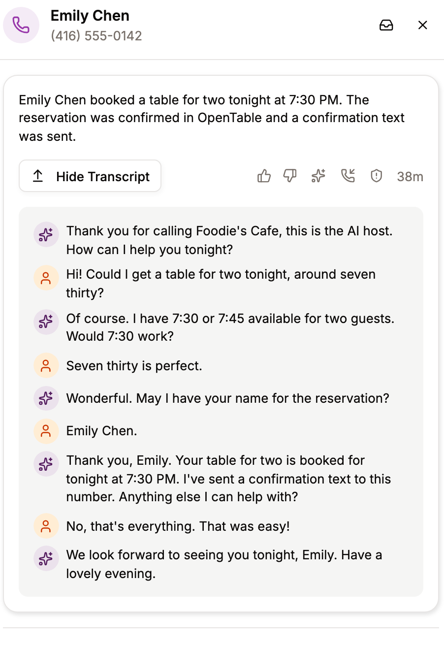 A real call transcript in Tablevoice: Foodie books Emily's table for two and confirms by text