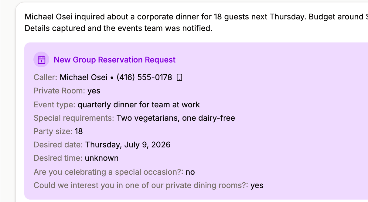 A real Tablevoice group reservation brief: party size, budget, dietaries, date — captured on the call