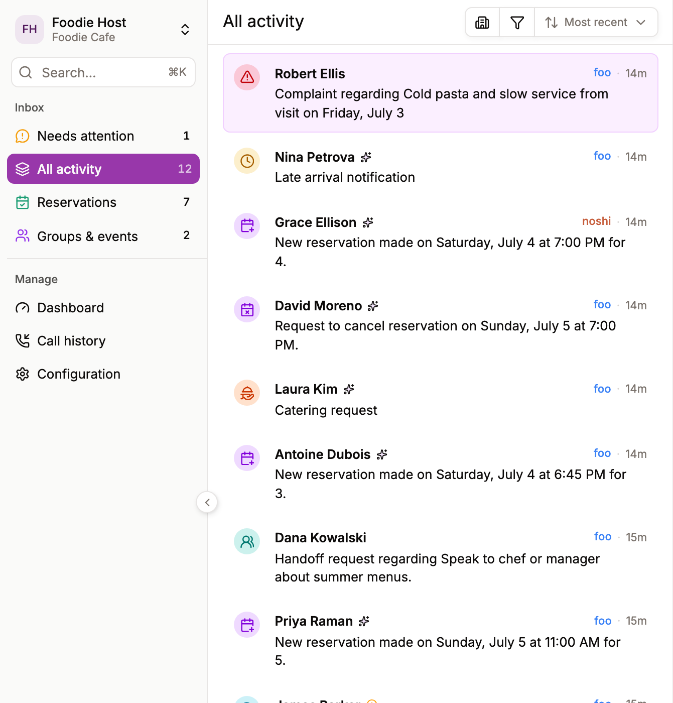 The Tablevoice Team Inbox: reservations, group requests, a lost item and a flagged complaint, all in one list